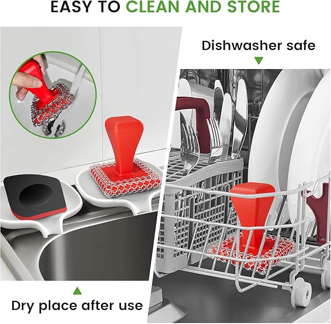 TOPULORS Cast Iron Scrubber Cleaner & 316L Stainless Steel Chainmail Scrubber with 2 Scrapers, Ergonomic Silicone Handle Brush for Pans Skillets Grills Dishes Cleaning - Non-Scratch Rust-Proof - Red