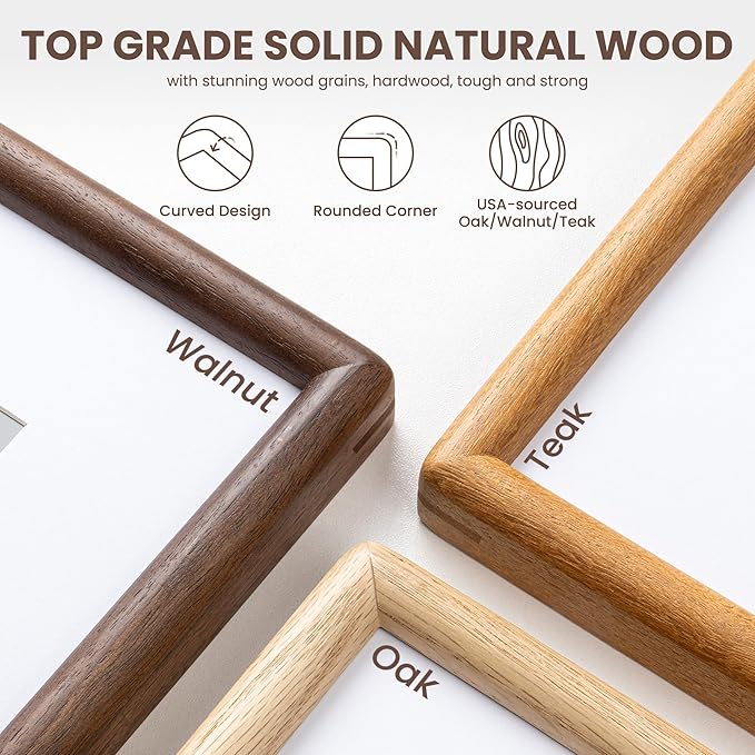 Axeman 6x8 Picture Frame - Solid Teak Wood Frame With Mat for 5x7 - Rounded Corner 6x8 Frame with Tempered Glass for Tabletop Display