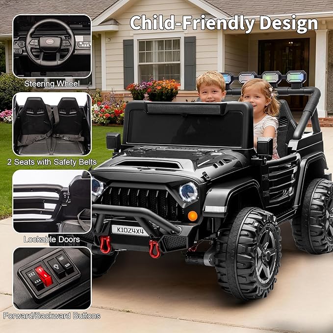 Kids 24V 2-Seater Electric Ride On Car, 4x4 Ride On Truck w/Remote Control, 4-Wheeler Suspension, 3 Speeds, Led Lights, Bluetooth, Ride on Car Toy for Kids Ages 3-8, Black