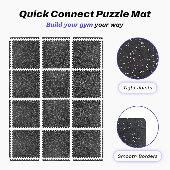 AIRHOP 0.56in Thick 48 Sq Ft Exercise Equipment Mats, 12 Tiles Upgraded Rubber Top with High Density EVA Foam, Large Interlocking Puzzle Gym Flooring for Home Gym, Heavy Weight Workout, 24 x 24in