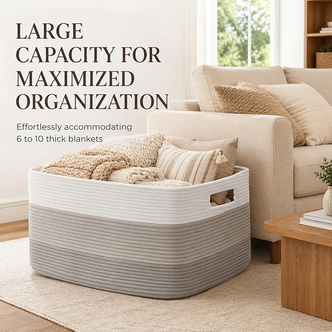 OIAHOMY Large Blanket Basket, 22”x17”x12” Rectangle Woven Baskets, Nursery - Image 3