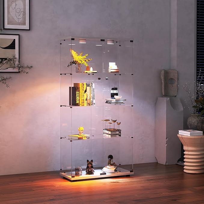 Frameless Glass Display Cabinet, Curio Cabinet Display Case with LED Lights and Lock, 2 Doors Quick-Install Floor Standing Showcase Display Shelf for Collectibles, Legos, Figures, Plants