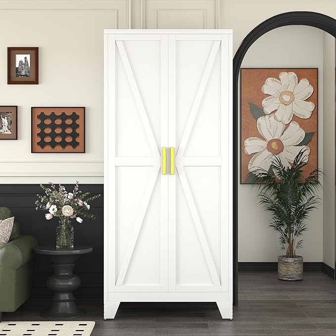 61" Tall Pantry Cabinet, White Metal Pantry Storage Cabinet, Kitchen Pantry Storage Cabinets with 2 Door and 3 Adjustable Shelves (White, 61" Modern)