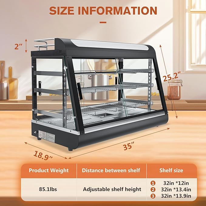 35-inch Commercial Food Warmer Display Case, 3-Tier Countertop Food Pizza Pastry Warmer with Top Rack for Pizza/Pretzel,3D Heating with LED Lighting Removable Shelves Glass Door,for Restaurant