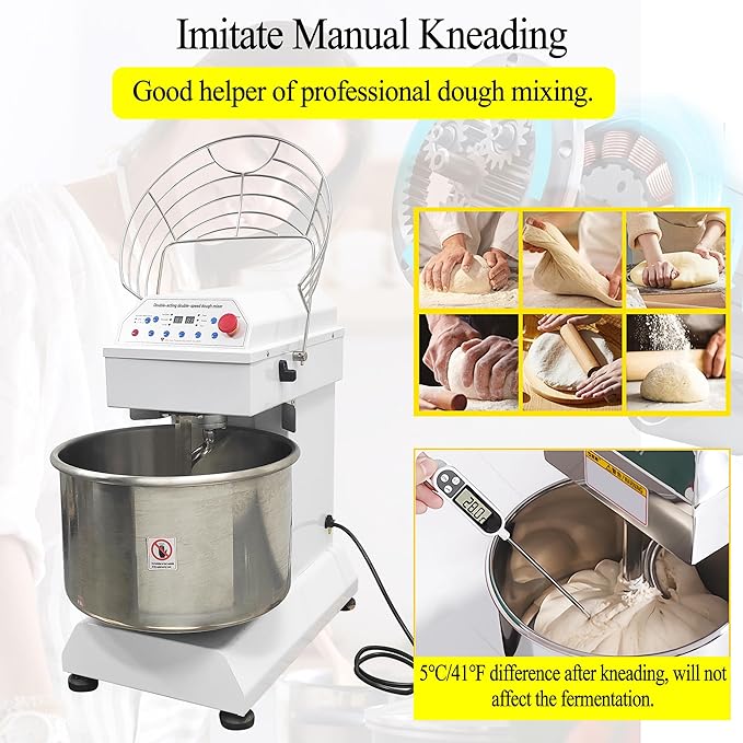 TECHTONGDA Commercial Dough Mixer Mixing Machine, 30QT Dough Kneading Machine with Timing Function, Spiral Stand Mixing Machine, Double Acting Double Speed, Baking Equipment for Restaurant Pizzeria