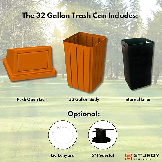 Campus Collection 32 Gallon Square Slatted 100% Recycled Plastic Heavy-Duty Commercial Outdoor or Indoor Trash Can with Push Top Lid | Great for Schools and Businesses - Orange