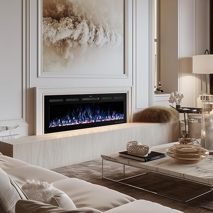 72" WiFi Electric Fireplace, Recessed and Wall Mounted Fireplace Heater, 13 Flame & Fuel Bed Colors, 5 Brightness, Thermostat, Timer, App and Remote Control, 750/1500W