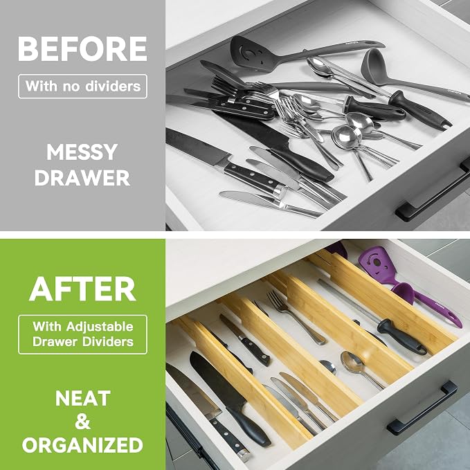 Utoplike Kitchen Drawer Divider, Expandable Bamboo Drawers Organizer 3.2" H | - Image 8