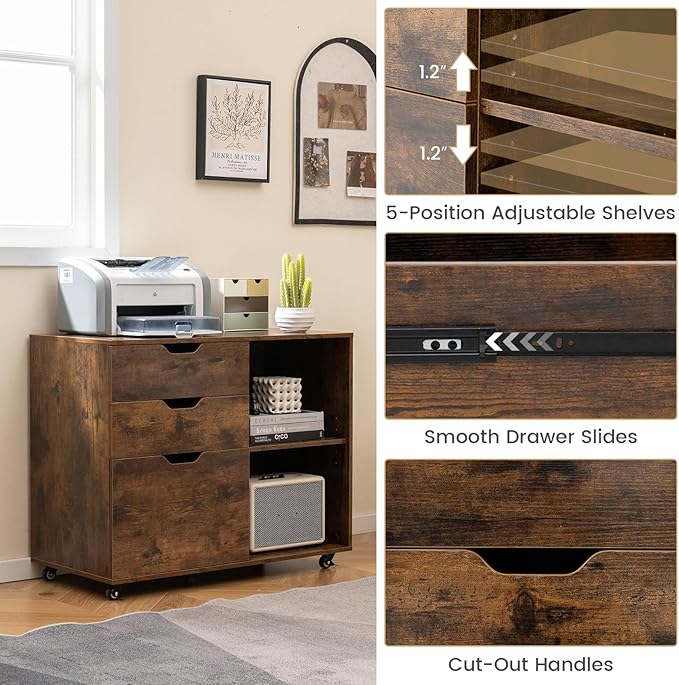 File Cabinet, Mobile Filing Cabinet w/Universal Wheels & 3 Drawers, Wood Printer Stand with Storage, Rolling File Cabinets for Home Office, Living Room, Bedroom (Rustic Brown, 3 Drawers)