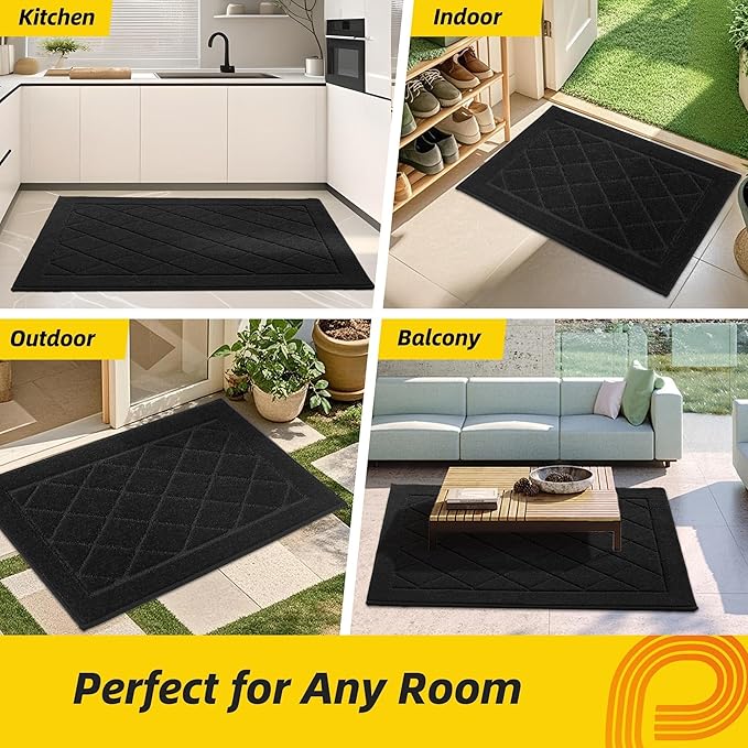 JSEI Dirt Trapper Door Mat 20"x32", Non-Slip Washable Entryway Mats, Dog Door Mat, Stain Resistant and Absorbent Floor Mats, Low Profile Welcome Mat for Front Back Door, Black