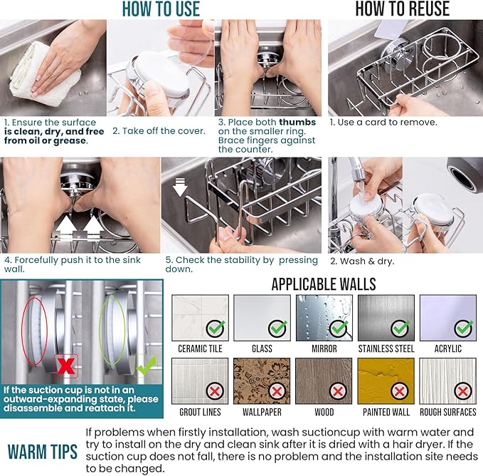 TAILI Sponge Holder with Strong Suction Cup, 4-in-1 Rustproof Sink Organizer - Sink Caddy Holds Sponges, Brushes, Stoppers & Scrapers -Silver