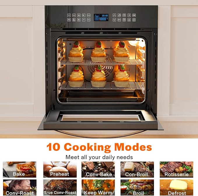 Empava 24 Inch Electric Single Wall Oven with 10 Cooking Modes, Convection Fan and Rotisserie, Screen Touch Control, Black Glass Door