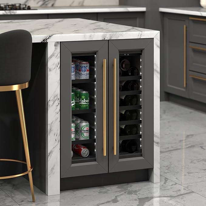 KoolMore Reserve 24 in. French Door Dual Zone Panel Ready Under-Counter Cooler with Black Shelves and 20 Bottle Capacity in the Right Zone and 2.1 Cu. Ft. on the Left in Black (KM-CWB24-BPR)