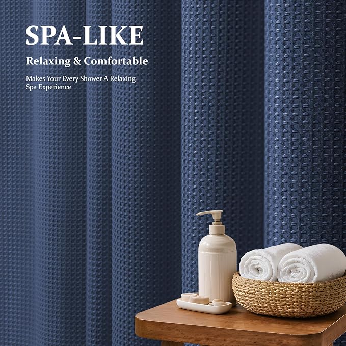 Dynamene Long Waffle Shower Curtain 256 GSM Heavy Fabric 72x80 Navy Blue - Image 3