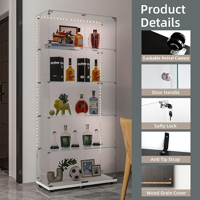 Glass Display Cabinet with LED Light Strip, 5 Shelves with 2 Doors, Glass Top Curio Storage Cabinets with Lock & Caster for Living Room,Floor Standing Bookshelf, Quick Installation - White