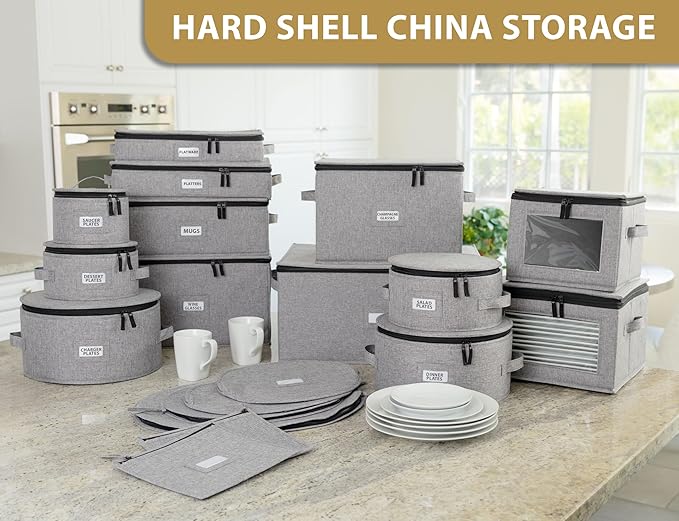 Platter Storage Case - Hard Shell and Stackable with Padded Interior - Fits 4 Serving Platters - 3 Large Felt Dividers Included - 17"W x 13"D x 4"H - China Storage Containers for Plates