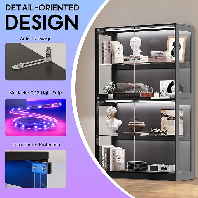 AMERLIFE RGB Display Cabinet with Adjustable Glass Shelves, 4-Tier Storage Case with LED Lights & Press-to-Open Doors, Modern Display Shelf for Collectibles, Black 70" H×45" L×16" D