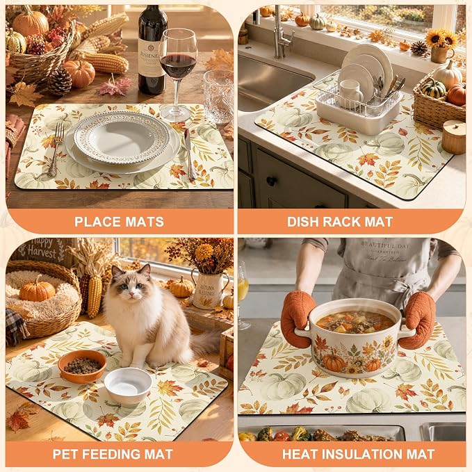 LOKHOM 12"x20" Fall Dish Drying Mat，Autumn Harvest White Pumpkin Leaves | - Image 7