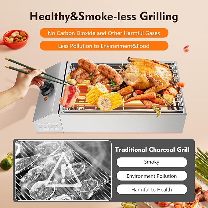 1800W Countertop Electric BBQ Grill Stainless Steel Party Grill Electric Barbecue Cooking Machine, Smokeless Party Grill Barbecue Tool, Fits Home Camping