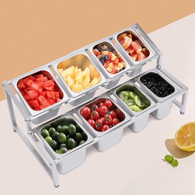 Pizza Topping Station Organizer Condiment Container Dispenser with 8 Pans & Lids, Stainless Steel Ingredients Food Container Countertop Spice Rack Shelf Holder for Seasoning Sauce Salad Jam Fruits
