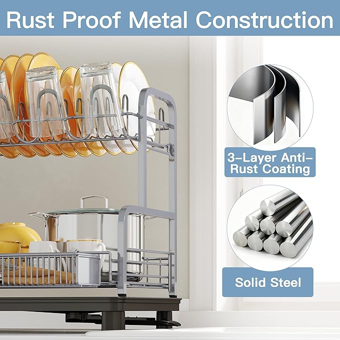 2 Tier Gray Large Capacity Dish Drainers Drying Rack for Kitchen Counter, Metal Stainless Steel Rust Proof Plate Strainers Holder On Countertop with Drainboard Tray, Space Saving, Aesthetic Modern