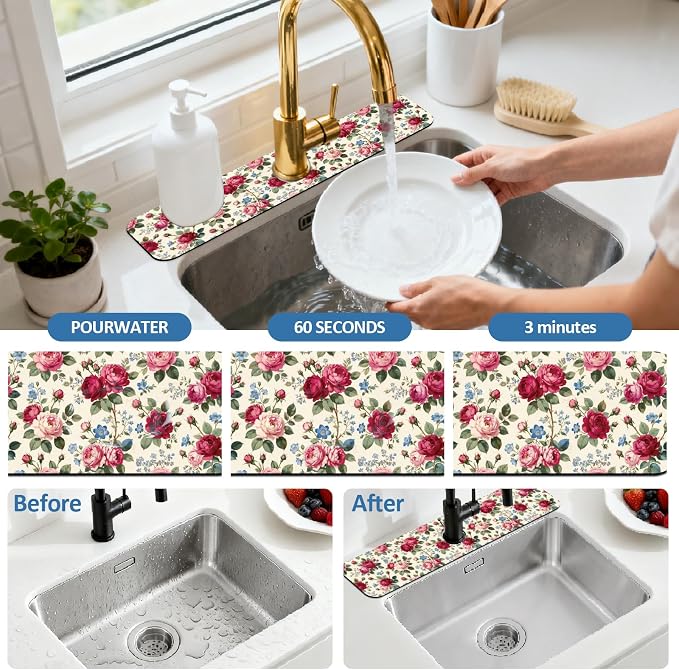 2 Pcs Pink Roses Kitchen Sink Splash Guard Faucet Mat Flowers Faucet Mats - Image 5