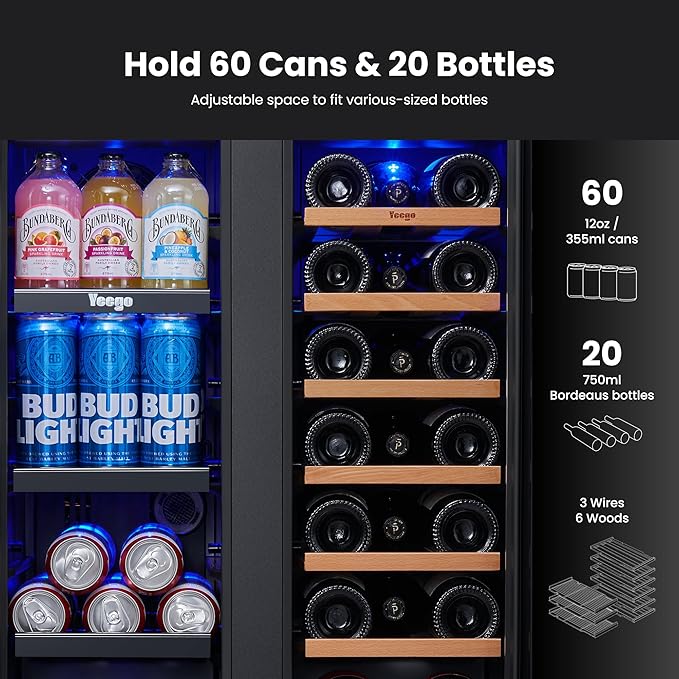 Yeego 24 Inch Wine and Beverage Cooler - 36-72°F, Holds 60 Cans & 20 Bottles Adjustable Shelves Beverage Fridge, Stainless Steel with glass Door for Built-in for Kitchen/Bar
