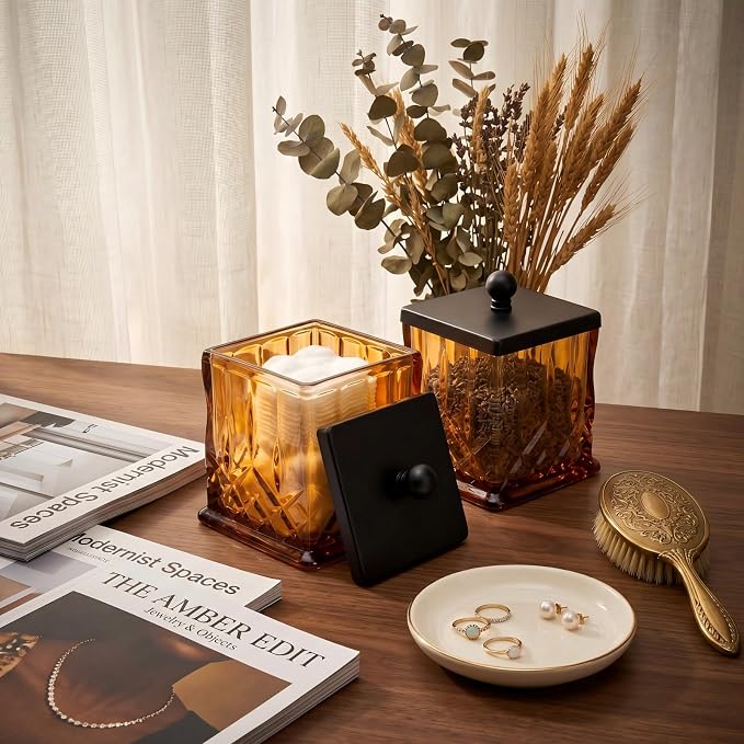 2 Pack 15Oz Amber Q-Tip Holder, Square Thick Glass - Image 2