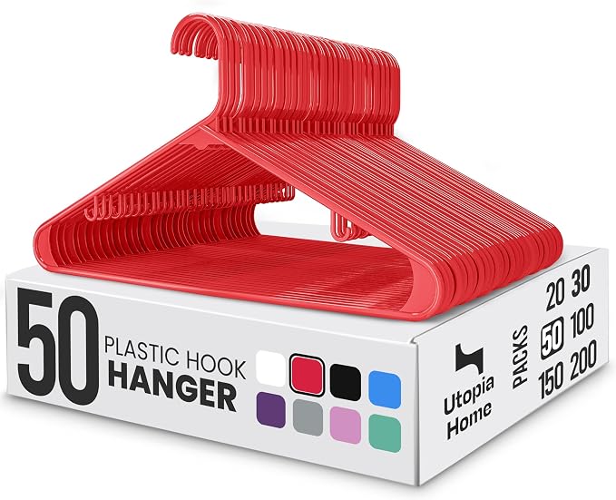 Utopia Home Plastic Hangers 50 Pack – Built-in Strap Hooks Red | Space saving | by UTOPIAHOME