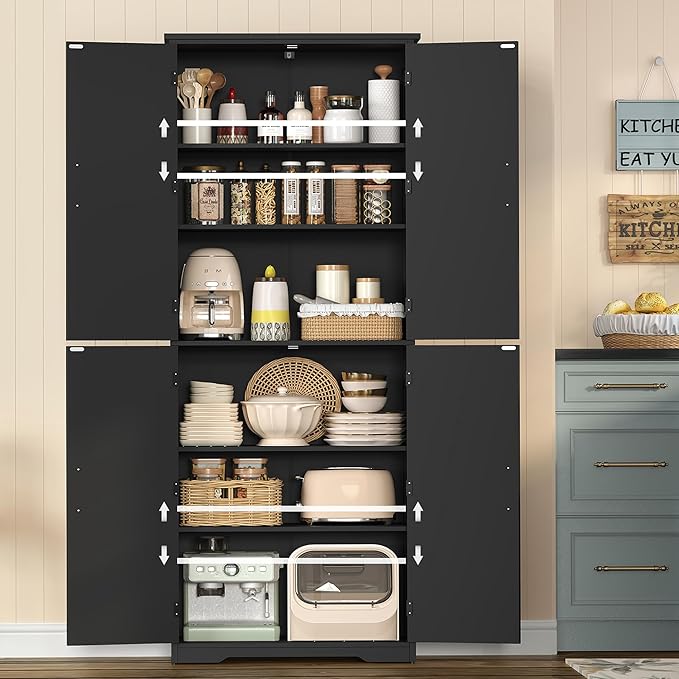 TEENFON Tall Storage Cabinet, Kitchen Cabinet with 4 Shelves, Adjustable Shelves, Pantry Cabinets with 4 Barn Doors, Tall Kitchen Cabinets for Dining Room, Living Room, Black