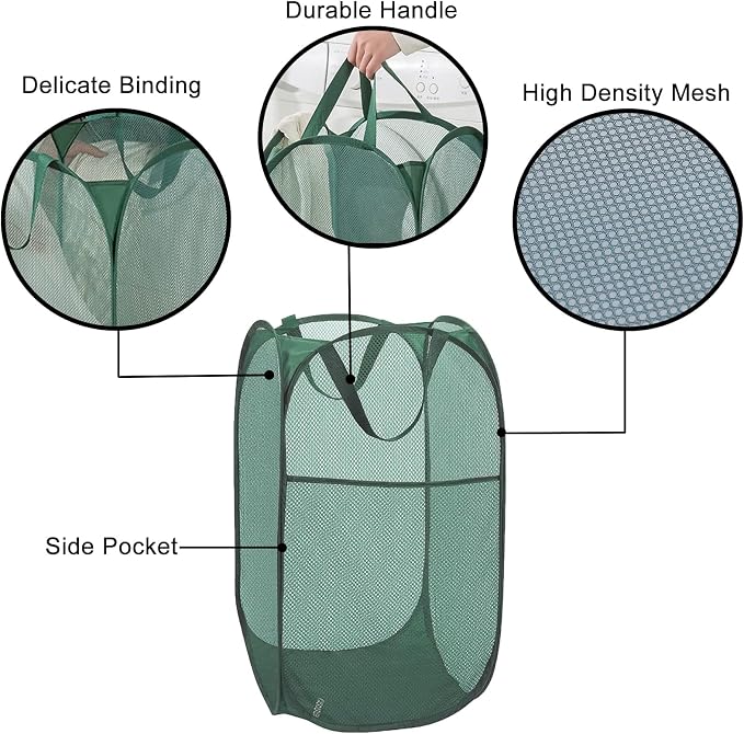 Green Pop Up Laundry Basket, Collapsible Laundry Hamper Space Saving | Foldable - Image 5