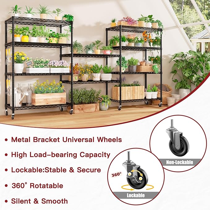 PrimeZone 74''H Wire Shelving 1250lbs 5 Tier Storage Shelves with Wheels NSF Certified Heavy Duty Steel Metal Shelf Adjustable Rolling Rack Kitchen Garage Closet Pantry Laundry 74''HX36''WX14''D 3PCS