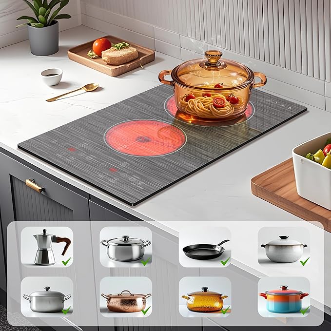 Karinear 2 Burner Electric Cooktop 110V, 12 Inch Countertop & Built-in Electric Stove Top, Plug-in Ceramic Cooktop with Child Safety Lock, Timer, Pause, Smooth Glass Surface with Beautiful Pattern(B)