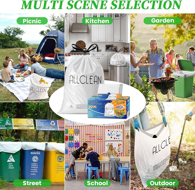 Trash Bags 15 Gallon Tall Kitchen Drawstring Garbage Bag Fit 13-15 Gal Bins | - Image 9