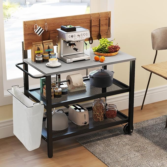 GOFLAME Outdoor Patio Cart Table, Kitchen Shelf on Wheels with Flip Top, Trash Bag Holder, Movable Hooks, Side Handle, Rolling Dining Grill Table, 4-Tier Serving Cart for Home, Bar (Without Chairs)