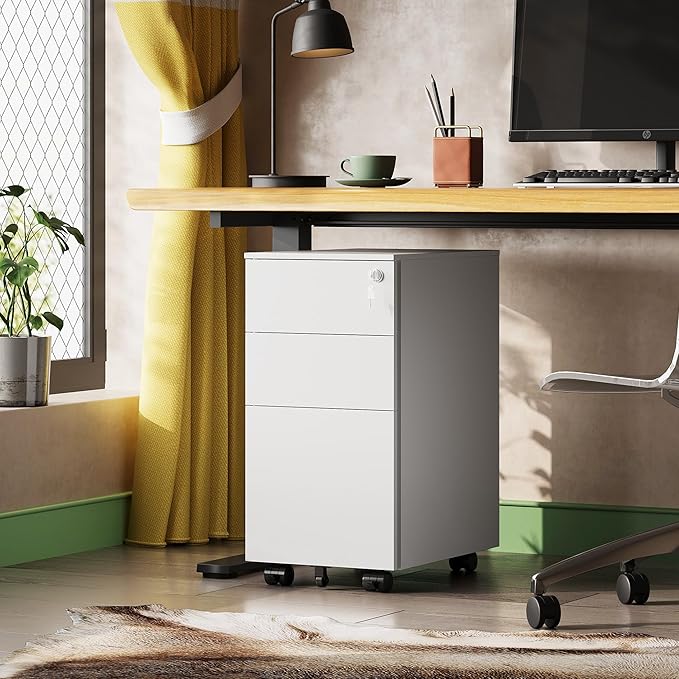 DEVAISE 3 Drawer Vertical File Cabinet with Lock, Under Desk Mobile Metal Filing Cabinet for Home Office Fit Legal/Letter/A4 File, Fully Assembled Except Wheels, White