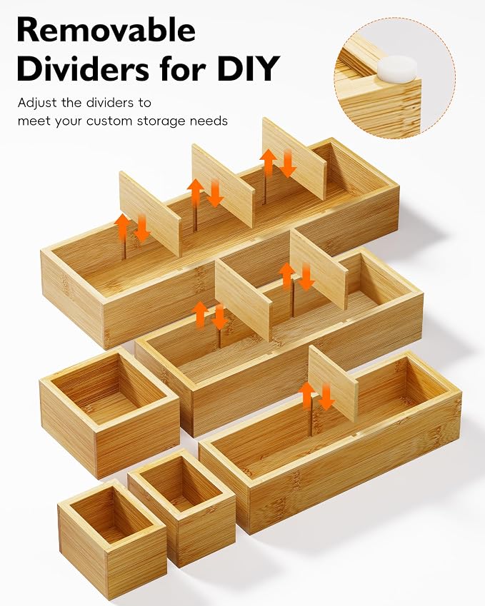 12-Piece Bamboo Drawer Organizer Set, 24 Compartments Modular Storage | Natural - Image 3