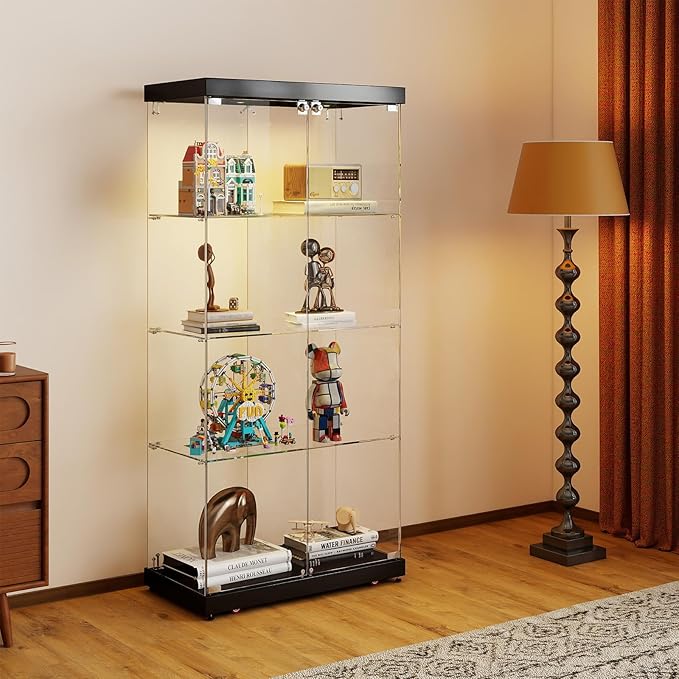 Tempered Glass Display Cabinet with Lights, 4-Tier Curio Cabinet with Glass Doors Wheels Two Locks, Glass Display Case for Collectibles for Living Room, Bedroom, Office, Black, Double Door