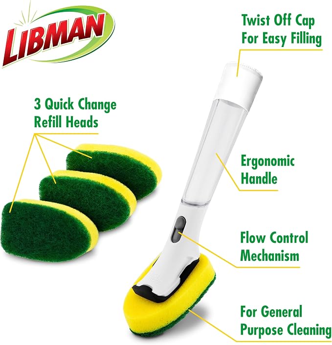 Libman Dishmatic I-Stand Dish Wand Kit, Scrub Brush, 3 Sponge Refills - Image 4