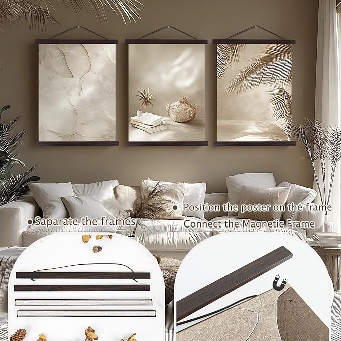 2 Pack Magnetic Poster Hanger Frame, 9x24 9x12 9x11 Light Wood Wooden Magnet Canvas Artwork Print Dowel Poster Hangers Frames Hanging Kit (Walnut, 9", 2 Packs)