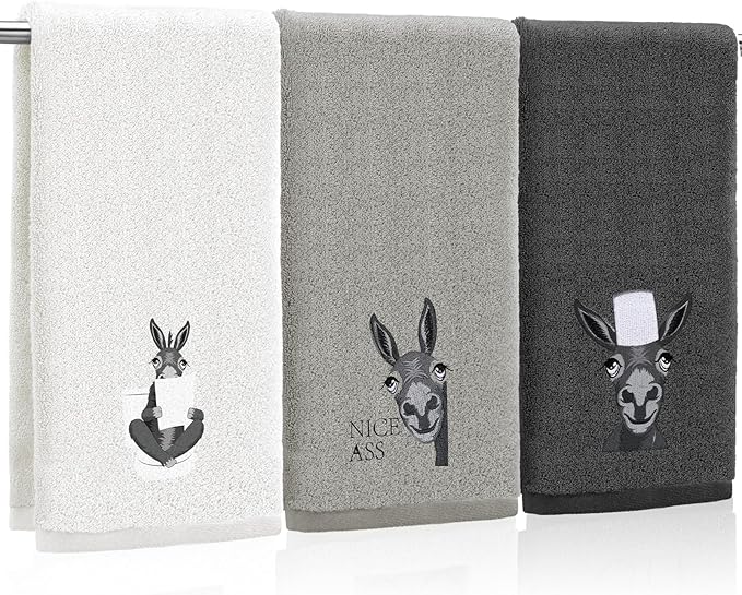 3 Pcs Donkey Hand Towels for Bathroom Kitchen Decor Gifts | Embroidered Donkey by FuWeave