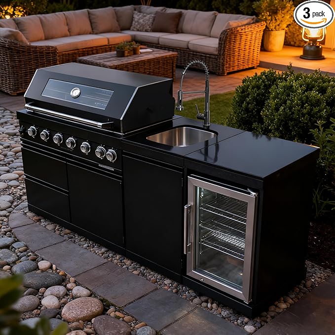 82 Inch Natural Gas Outdoor Kitchen Island with Grill - 6-Burner 85000 BTU, Height-Adjustable Infrared Rear Burner, Built-in Sink/Refrigerator/Wine Cooler, Granite Countertops & Rotisserie Kit