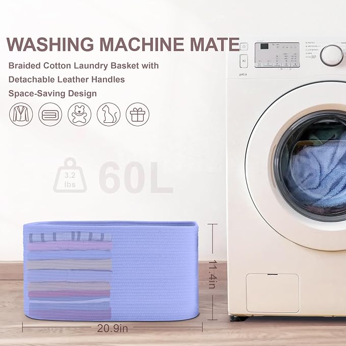 60L Woven Laundry Basket Hamper - Image 8