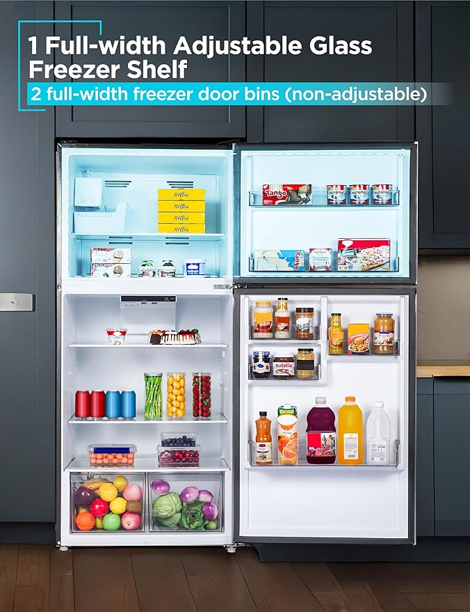 BLACK+DECKER 20.1 Cu. Ft. Top Mount Refrigerator with Ice Maker, 2-Door Refrigerator with Top Freezer, Freezer with Icemaker and Adjustable Temperature Control, ENERGY STAR, BR2010JIMB, Black