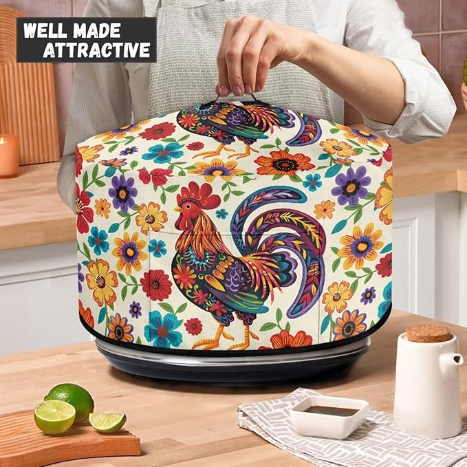 Rooster Colorful Floral Print Oval Slow Cooker Cover with Side Pocket for Small Kitchen Appliance Rice Cooker Cover Keep Kitchen Clean and Easy to Use, 16 x 14 x 9.6 inch