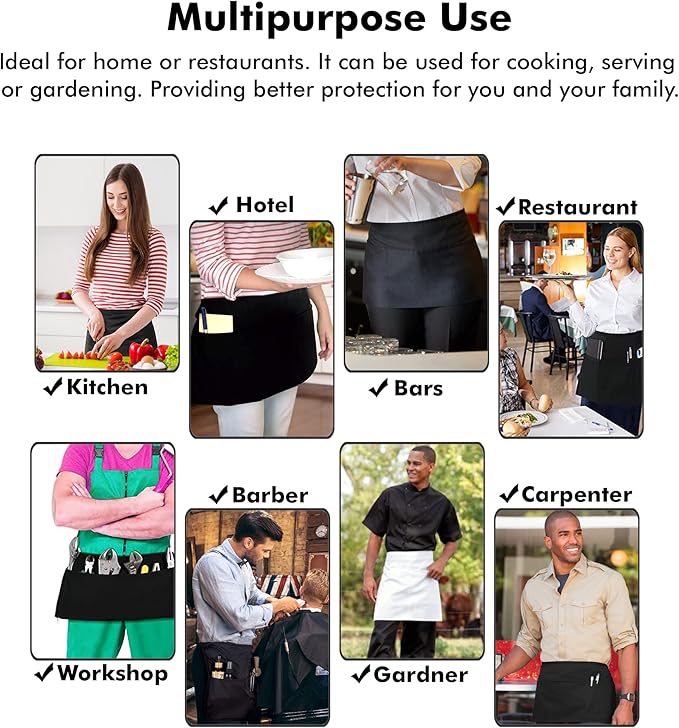 Dreamology Short Aprons,Men & Women,Waitress Apron with Pockets,Server Aprons with 3 Pockets, Cooking, Gardening and Waist Apron,Serving Apron for Waitresses | Extra Long Strap (3 Pack)