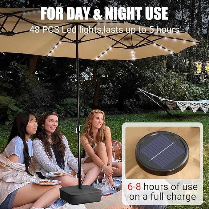 LEVELEVE 15FT Large Patio Patio Umbrella with Base & Solar LED Lights - Double-Sided,Kahaki