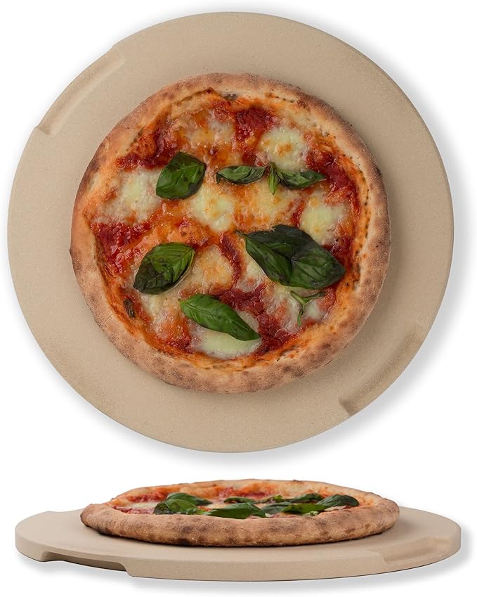 Pizza Stone 12.6in Round Baking & Grilling Stone, Perfect for Oven, BBQ and Grill. Innovative Double - faced Built - in 4 Handles Design