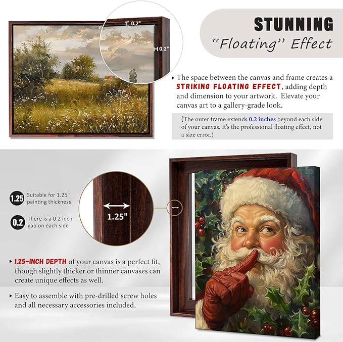 Canvas Floater Frame for Paintings, Fits Up to 1.25" Deep Canvas, DIY Floating Picture Frame for Canvas Prints, Wall Art Frame for Modern Home Décor, Studio Display and Gallery Hanging Walnut 16x24