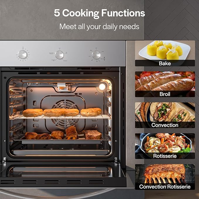 Empava 24 Inch Natural Gas Single Wall Oven with 5 Cooking Modes, Convection Fan and Rotisserie, Knob Control, Stainless Steel